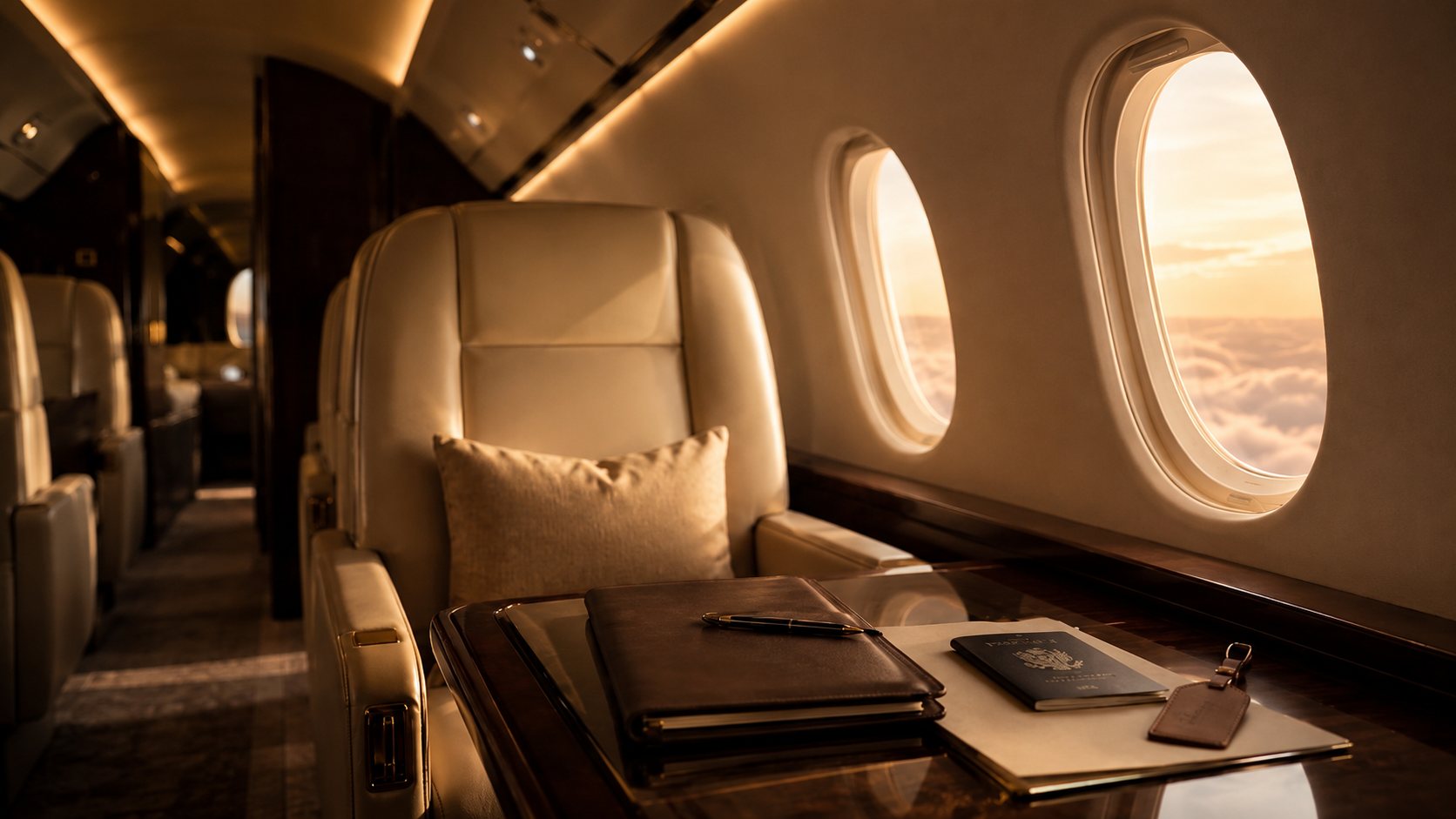 Private jet cabin interior, representing NOVÉ's bespoke travel support